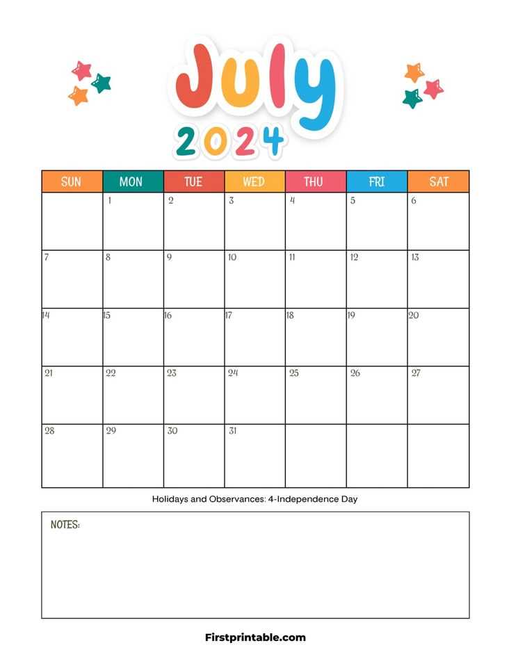 printable july calendar template