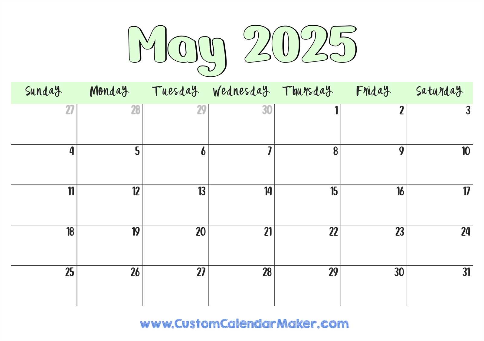 blank calendar template may 2025