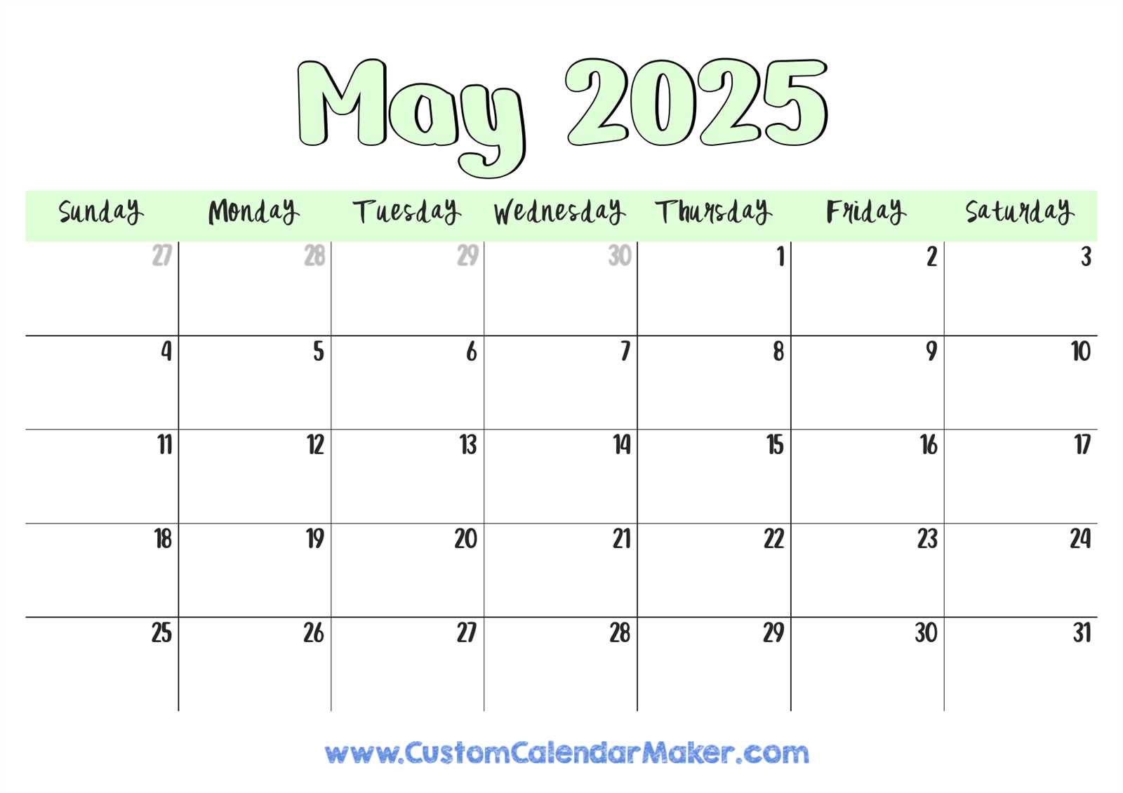 blank calendar template may 2026