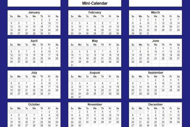 one page yearly calendar template