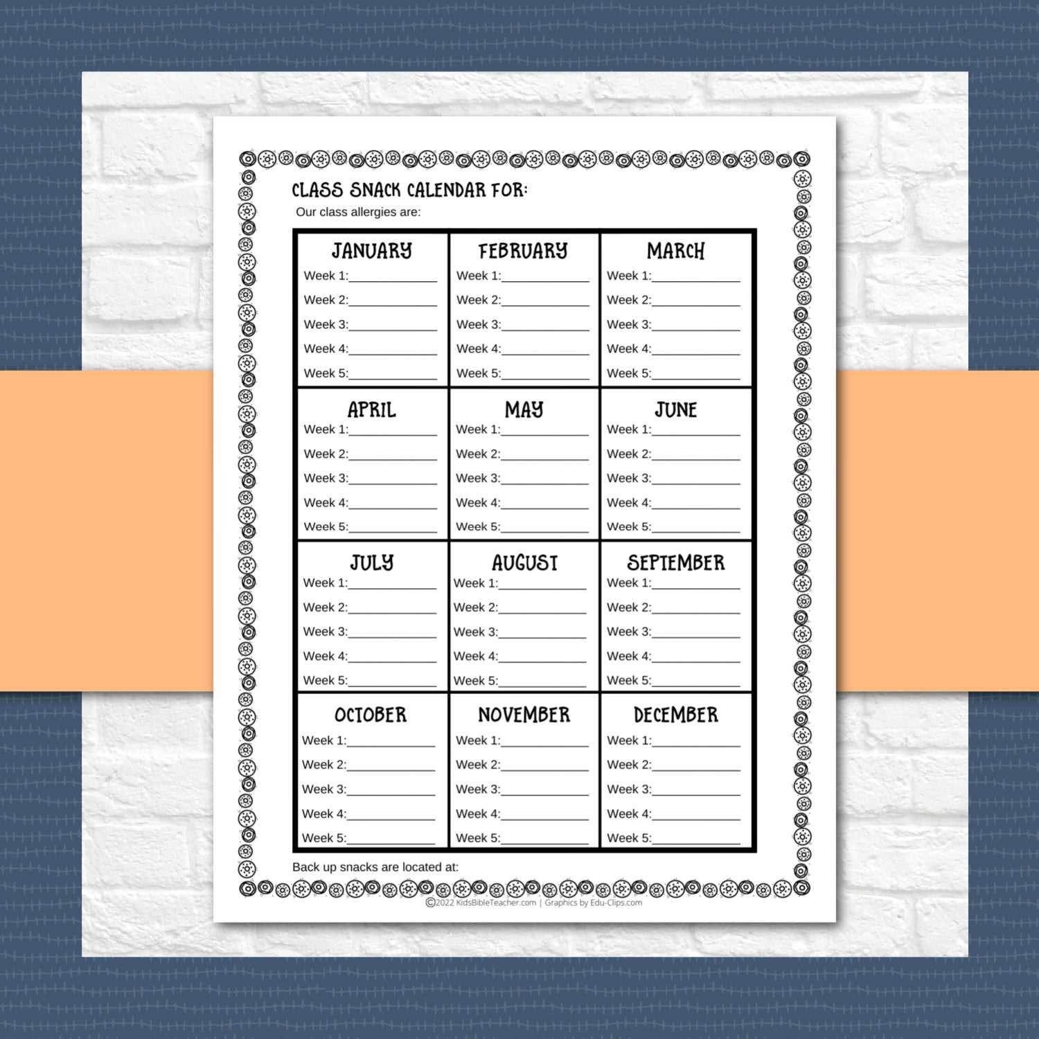 snack calendar template kindergarten