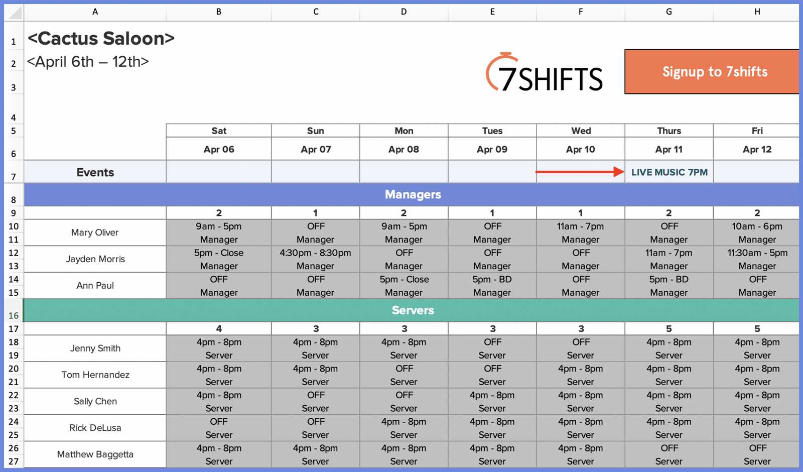 restaurant calendar template