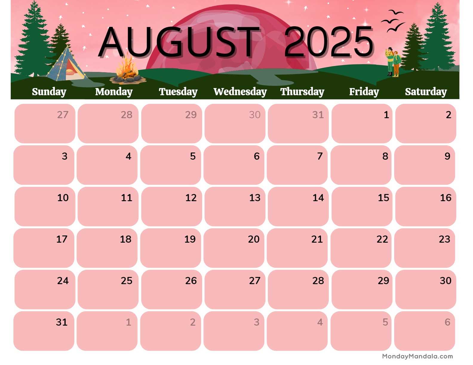 monthly calendar template august 2025