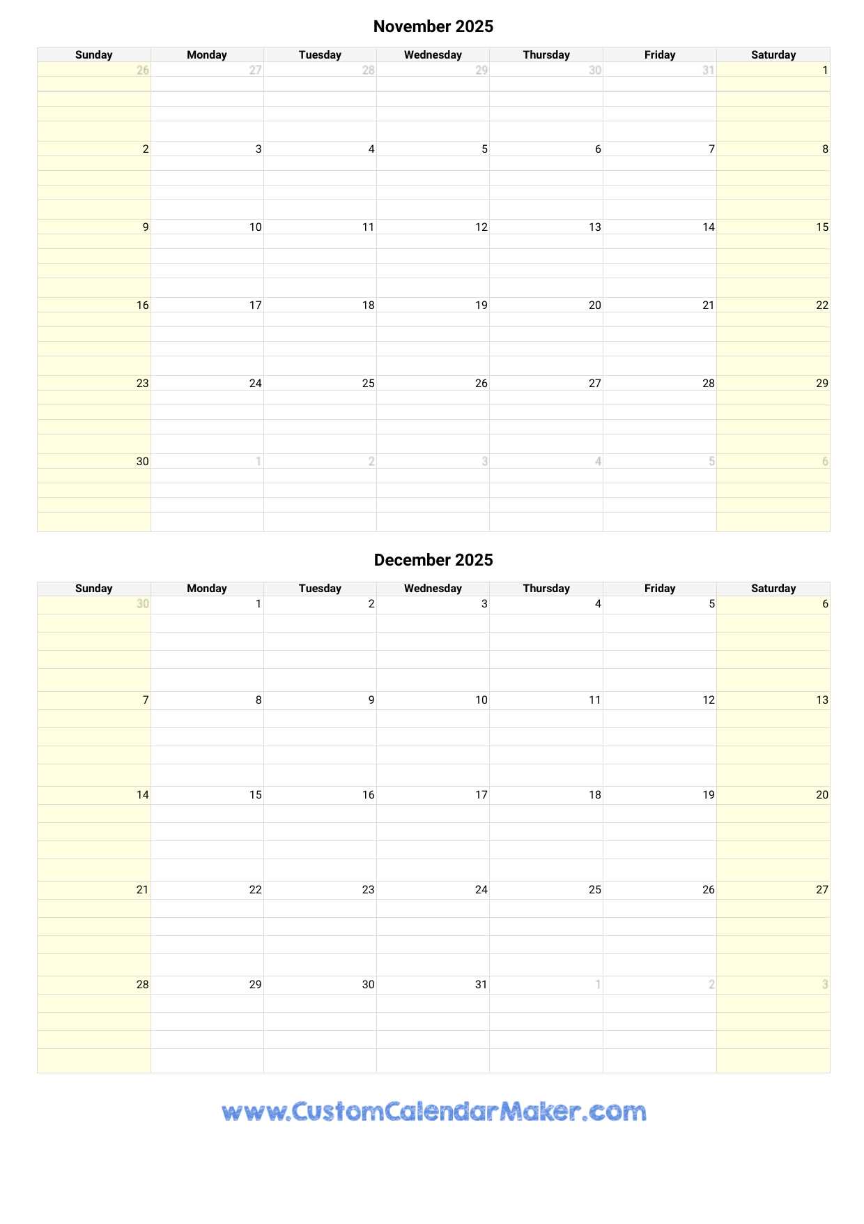 november and december 2025 calendar template