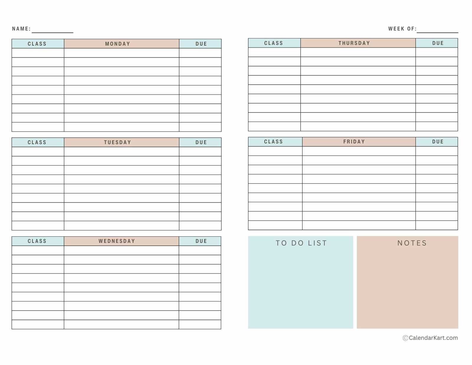 student calendar planner template