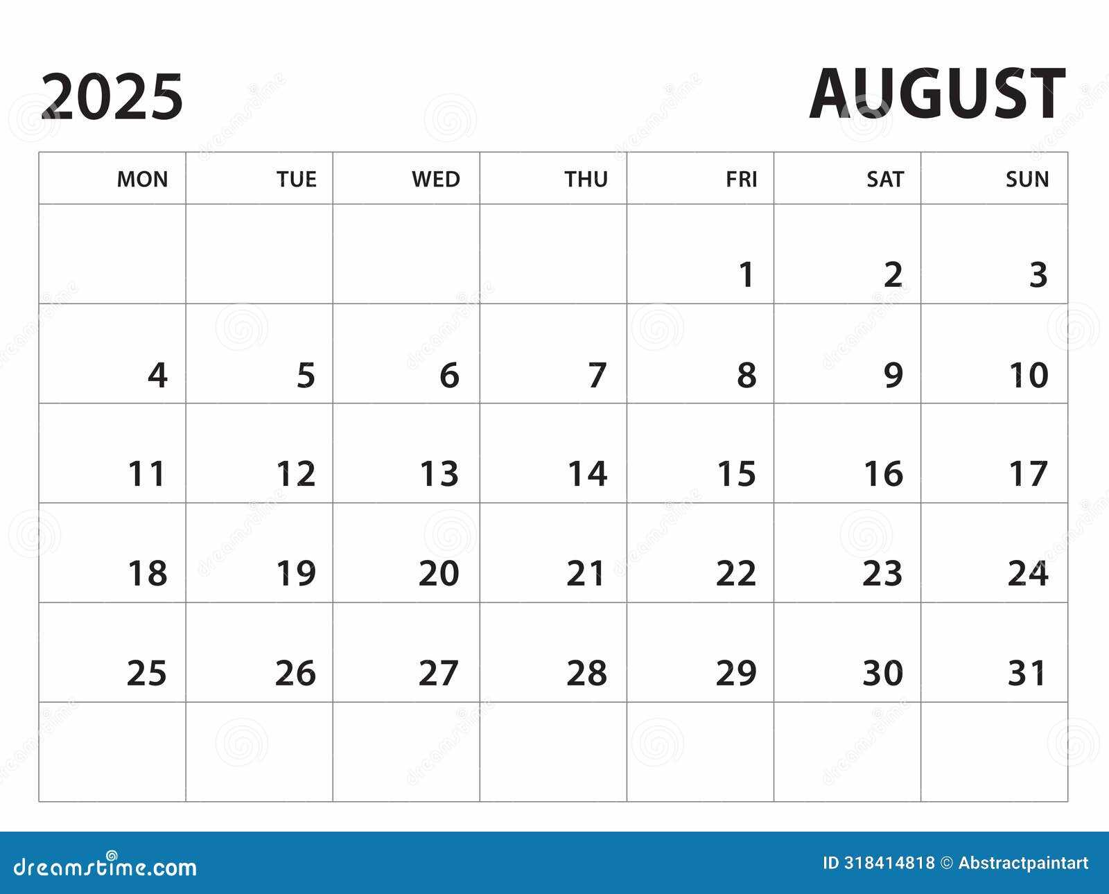 monthly calendar template august 2025