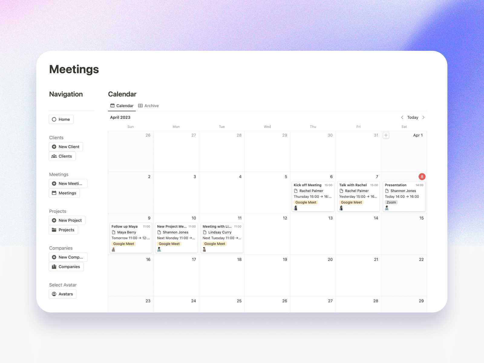 crm calendar template