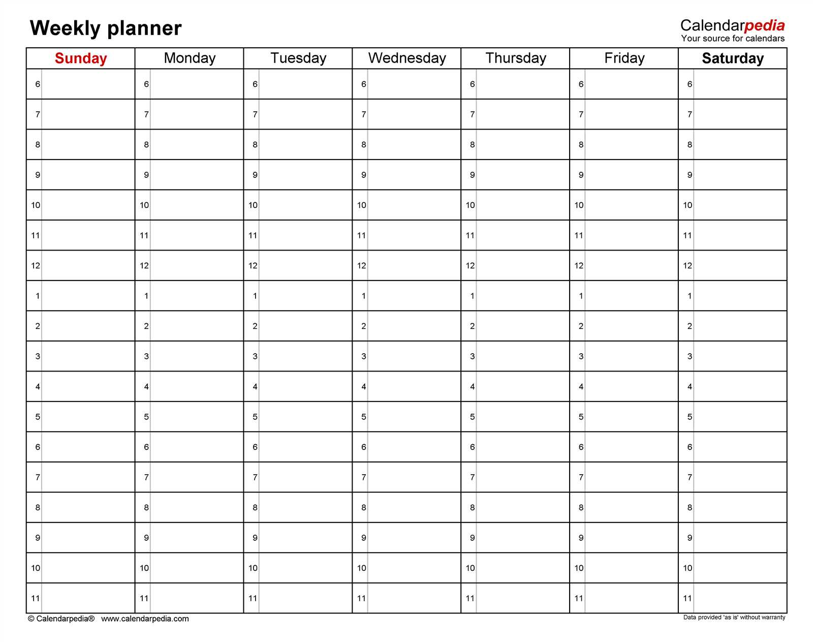 weekly calendar hourly template