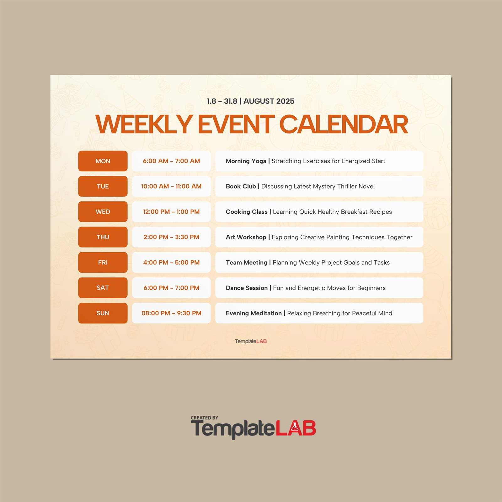 weekly calendar of events template