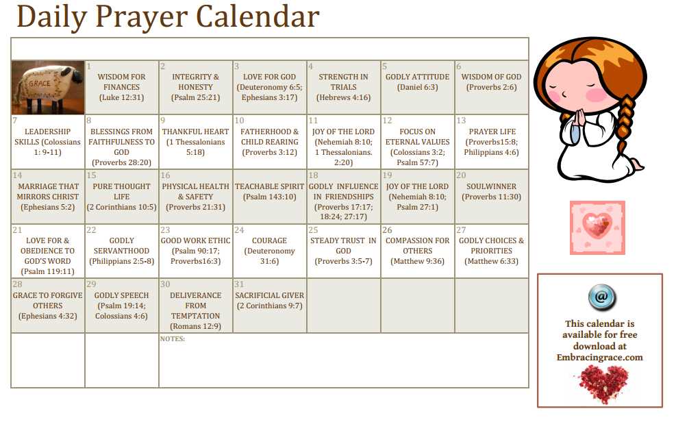 weekly prayer calendar template