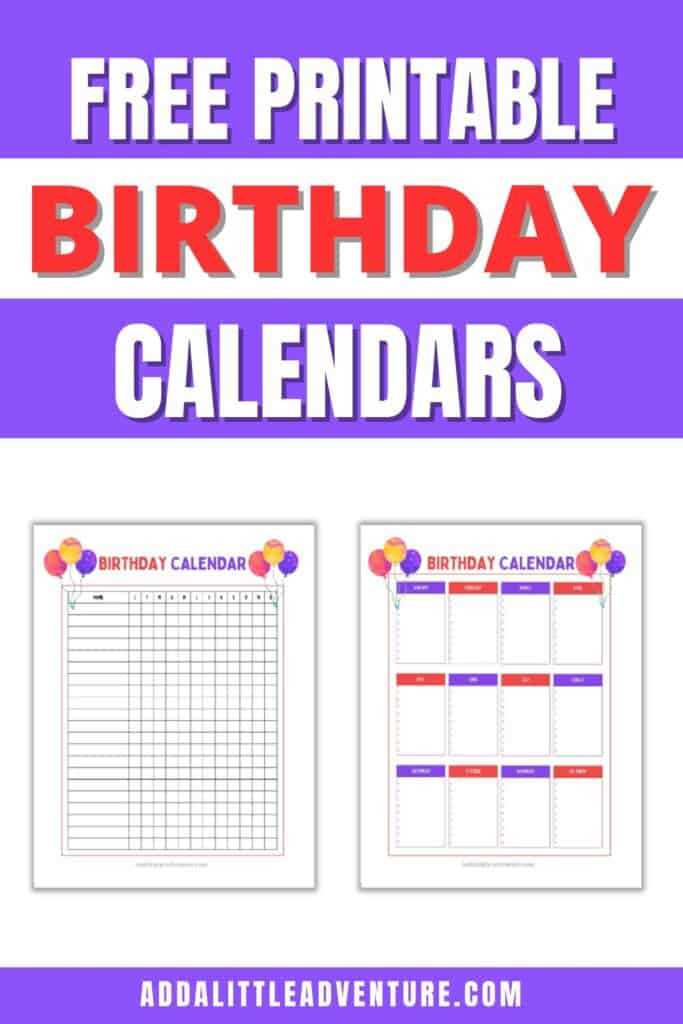 birthday calendar template printable