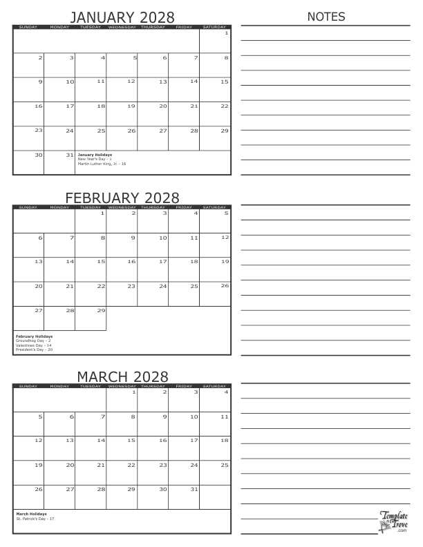 printable 3 month calendar template