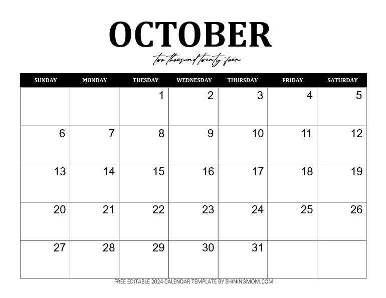 monthly calendar template october