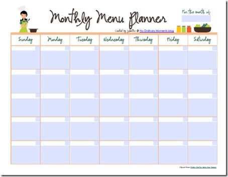 menu calendar template