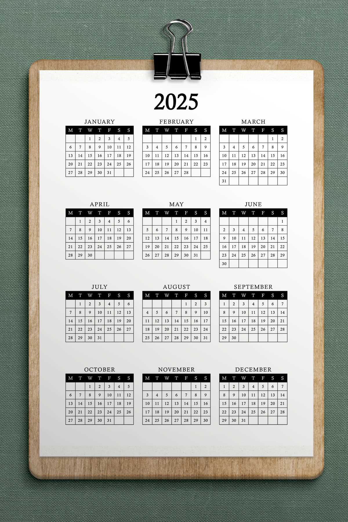 year at a glance calendar 2025 template