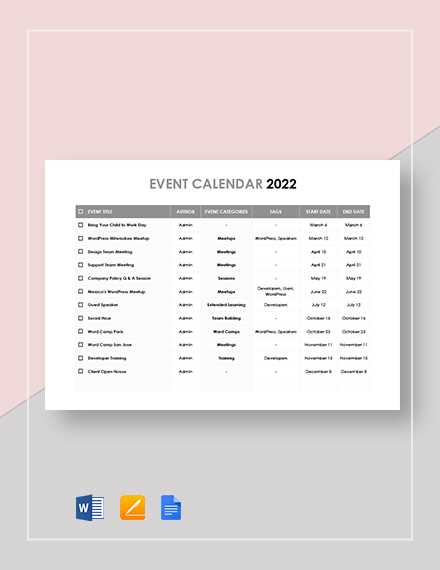 yearly schedule of events calendar template