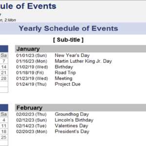 yearly schedule of events calendar template