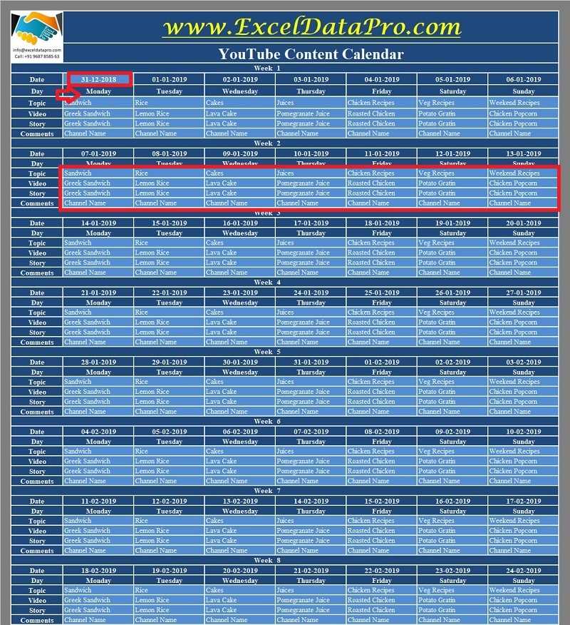 youtube content calendar template