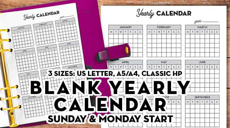 free year at a glance calendar template