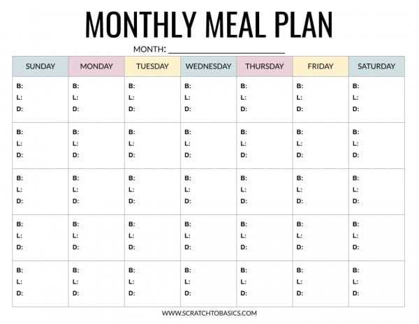monthly menu calendar template