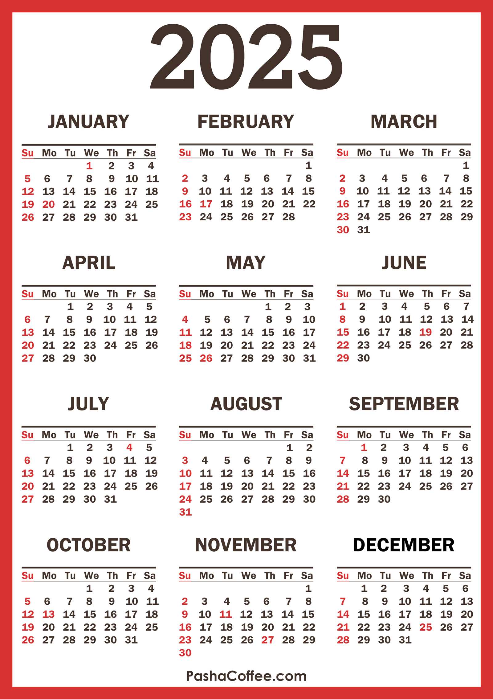 calendar template with holidays 2025